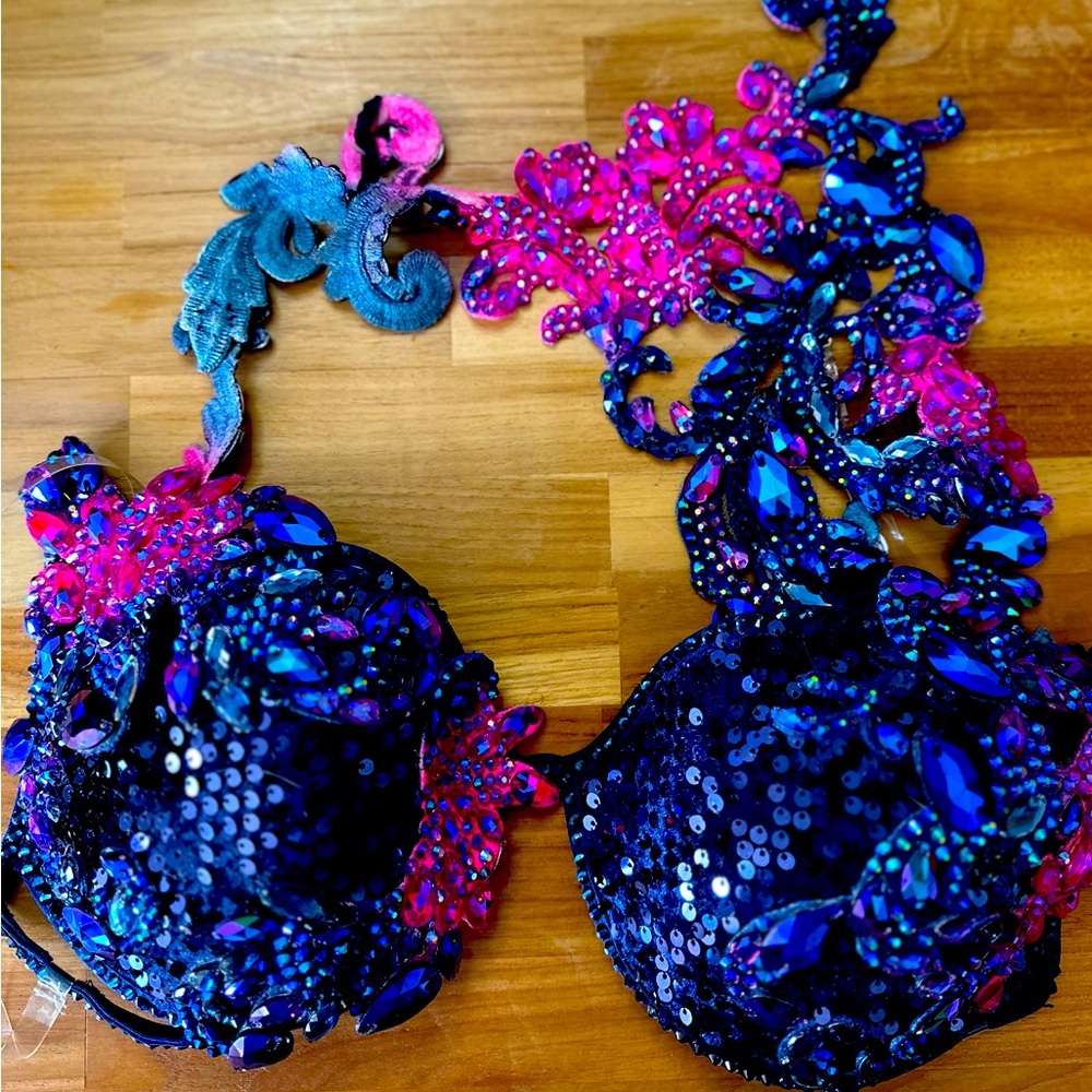Sequin Embellished Blue & Pink Halter Swim Top--- Fmg Bikini Competition Wbff